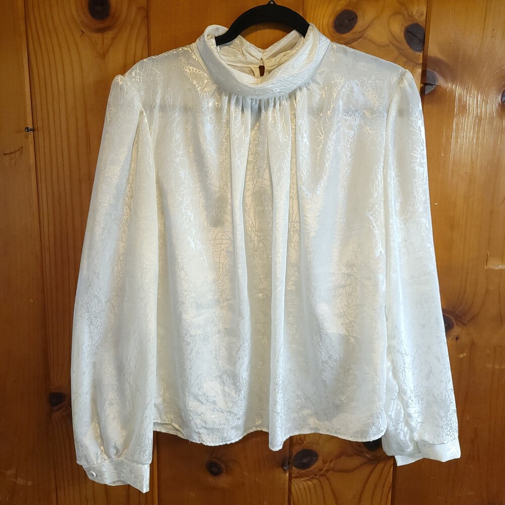 Vintage 80s floral Ivory Polyester Blouse Size 14 Mock Neck Long Puff Sleeve
